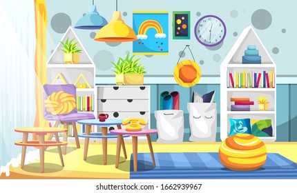 Kids Landscape Clean Room with Scandinavian Furniture Style, Ceiling Lamps, Artificial Plants, Clock, Table and Chairs for Vector Illustration Interior Design