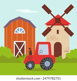 Kids landscape. Countryside buildings. Agriculture tractor. Windmill and barn. Rural farmland scenery. Farmers house. Garden mill and granary. Ranch truck. Rustic harvester. Vector farming panorama