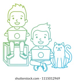kids with laptop and cute cat