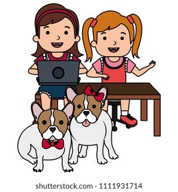 kids with laptop and cute dog