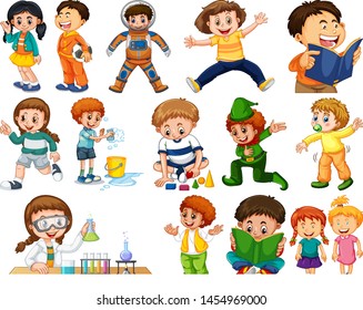 Kids in large group acting our varoous roles illustration