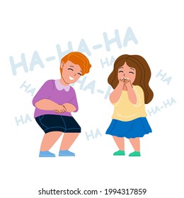 Kids Laughing Together From Funny Joke Vector. Little Happy Children Boy And Girl Couple Laughing, Positive Emotion. Characters Preteen Brother And Sister Leisure Time Flat Cartoon Illustration