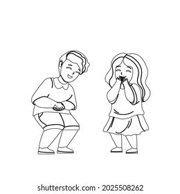 Kids Laughing Together From Funny Joke Black Line Pencil Drawing Vector. Little Happy Children Boy And Girl Couple Laughing, Positive Emotion. Preteen Brother And Sister Leisure Time Illustration