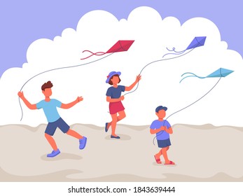 los niños lanzan una caricatura kite vector linda ilustración plana 