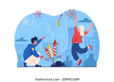 Kids Launching Fireworks Vector Illustration