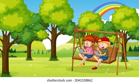 Kids leaning online with tablet on swing chair illustration