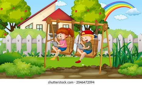 Kids leaning online with tablet on swing chair in the park illustration