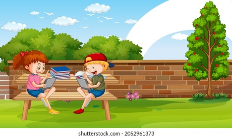 Kids leaning online with tablet in the park illustration