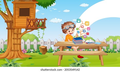 Kids leaning online with tablet in the park illustration