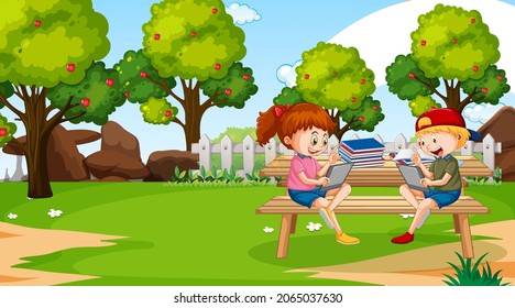 Kids leaning online with tablet in the park illustration