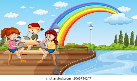 Kids leaning online with tablet in the park illustration