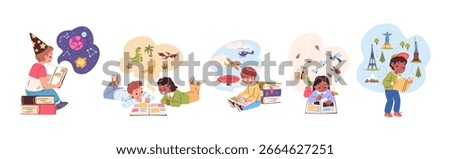 Kids learn book. Children read study books, encyclopedia home library education child knowledge school boy preschool girl reading science literature, classy vector illustration