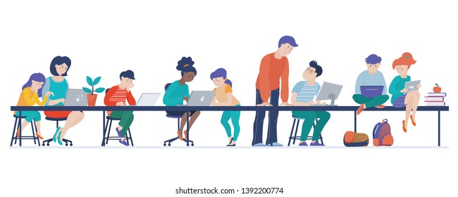 Kids Learn Coding Banner, Computer Science Lesson In Classroom, People Working On Laptops, Vector Illustration On White Background. Banner With Kids Working On Computers, Teacher, Mom Helping Daughter