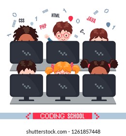 Kids learn coding on laptops in school. Concept of informatics lesson at school. Vector illustration isolated on white background. Design for banner, poster or website.