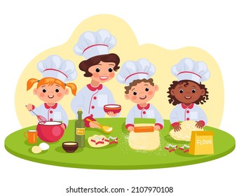 Kids learn cooking. Mom teaches children bake cookies. Family joint preparation process. Teacher chef with students. Boys and girls making desserts. Culinary courses