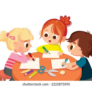 Kids learn how to draw. Little children, babies drawing pictures with pencils and markers on blank sheets sitting around the table. Drawing kid activity in art class.Creative Arts and Crafts Classes.