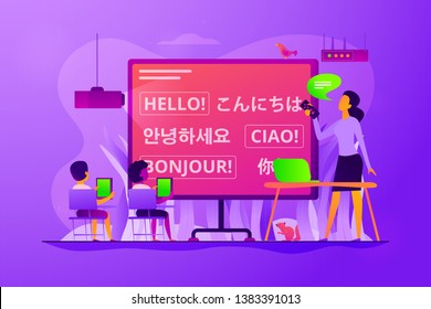 Kids learn languages in digital classroom with tablets, tiny people. Foreign languages lesson, digital lingophone room, English tutoring classes concept. Vector isolated concept creative illustration.