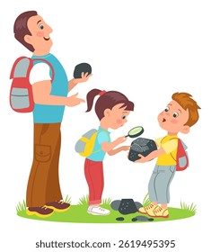Kids learn nature. Naturalists discover world with teachers. Practical activities. Mentors and students. People studying stones with magnifiers. Scouts education