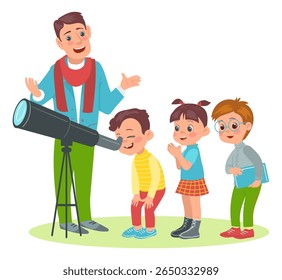 As crianças aprendem a natureza. Naturalistas descobrem mundo com professor. Atividades práticas. Mentor e estudantes. Pessoas com telescópio e estudo de astrologia. Educação de escoteiros