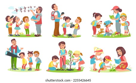 Kids learn nature. Young naturalists discover world with teachers. Practical outdoor activities. Mentors and students. People planting trees and studying animals