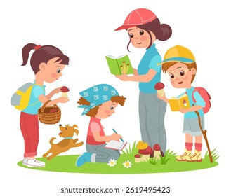 Kids learn nature. Young naturalists discover world with teachers. Practical activities. Mentors and students. People collect mushrooms in forest. Scouts education