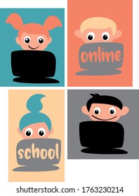 Kids learn online. E- learning. Online school. Hand drawn. Digitized. 