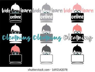 Kids learn online. E-learning. Clip art. Vector.