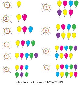 Kids learning 1-10 numbers vector material. Card for learning numbers. Number 1-10 floral one to 10 numbers vector balloons card sticker book kids book coloring bright colorful spring numbers symbols