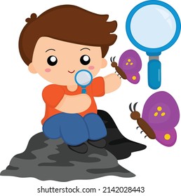 Kids Learning about Butterfly with Magnifying Glass