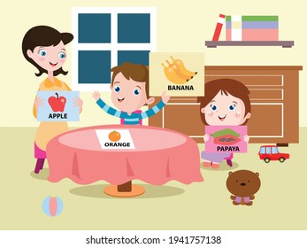 Kids learning about fruits cartoon vector concept for banner, website, illustration, landing page, flyer, etc.