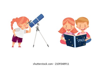 Niños aprendiendo sobre el espacio. Niño y niña que usan telescopio para investigación astronómica y lectura de ilustraciones vectoriales