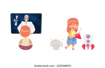 Kids learning about space set. Boy watching movie about space, girl building space rocket vector illustration