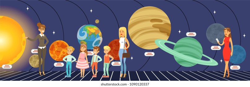 Kids learning about the stars, planets and the solar system at the planetarium vector Illustration in flat style