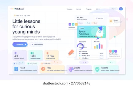 Kids learning app landing page with playful pastel dashboard, lesson cards, progress widgets, and parent-friendly educational website layout