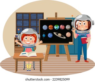 Kids learning astronomy in the classroom illustration