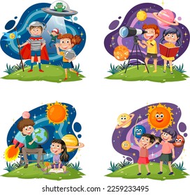 Kids learning astronomy set illustration