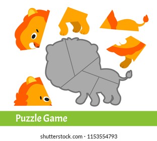 Kids Learning Book. Jigsaw Puzzle Game for Preschool Children Kids with Cartoon Lion Character. Vector Illustration
