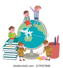 Kids learning with books on a globe