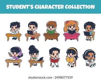 Kids are learning character vector illustration set