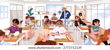 Kids are learning in class. Students sit at the desk, write and read books in classroom interior. Teacher and children with textbooks at the tables at the school lesson. Flat vector illustration