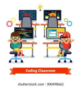 Kids learning to code and program in software engineering science class. Flat style vector illustration isolated on white background.