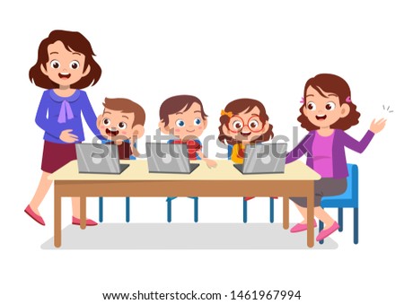 kids learning computer with teacher