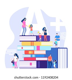 Kids Learning Concept. Excellent Pupils, Praising Parents And Teachers With Huge Books. Children School Education Vector Illustration. Children With Reward Cup Or Medal School