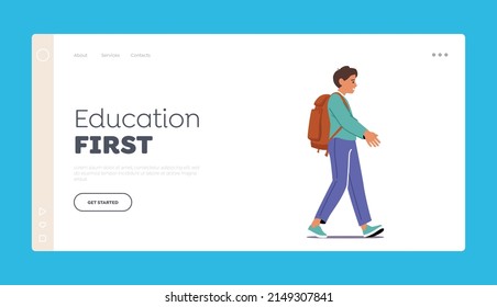 Kinderlernkonzept für Landing Page Template. Schüler mit Schoolbag Zu Fuß zur Schule. Männliche Pupillen-Charakter-Uniform und Rucksack Go für Bildung und Wissen. Vektorgrafik von Cartoon People