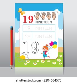 Kids learning Counting numbers. Worksheet for learning numbers. Number 19.