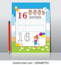 Kids learning Counting numbers. Worksheet for learning numbers. Number 16.