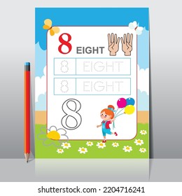 Kids learning Counting numbers. Worksheet for learning numbers. Number 8.