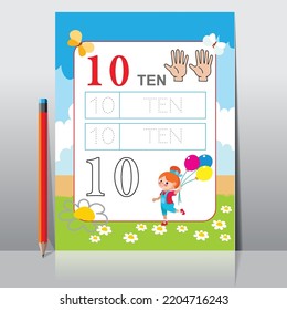 Kids learning Counting numbers. Worksheet for learning numbers. Number 10.