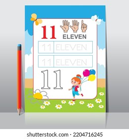 Kids learning Counting numbers. Worksheet for learning numbers. Number 11.