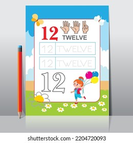 Kids learning Counting numbers. Worksheet for learning numbers. Number 12.